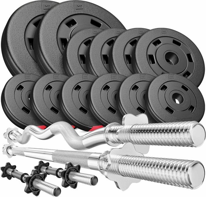 HS Hop-Sport Ensemble d'Haltères 45 kg 1x Barre Longue, 1xBarre Curl, 2x barres courtes, Poids 2x5kg / 4x2,5kg / 6x1,25kg