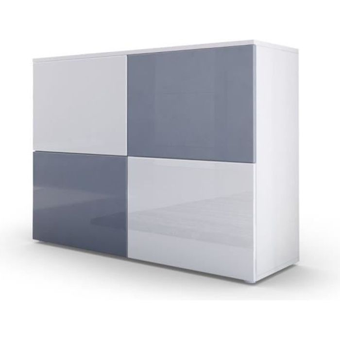 Commode moderne façades bicolores grises et blanches laquées et corps mat blanc