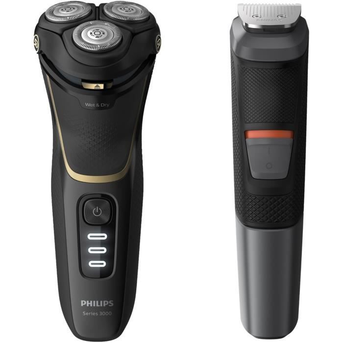 PHILIPS S3333/58 Rasoir électrique 100% étanche Series 3000 + Tondeuse, 6 accessoires, 60 minutes d'autonomie