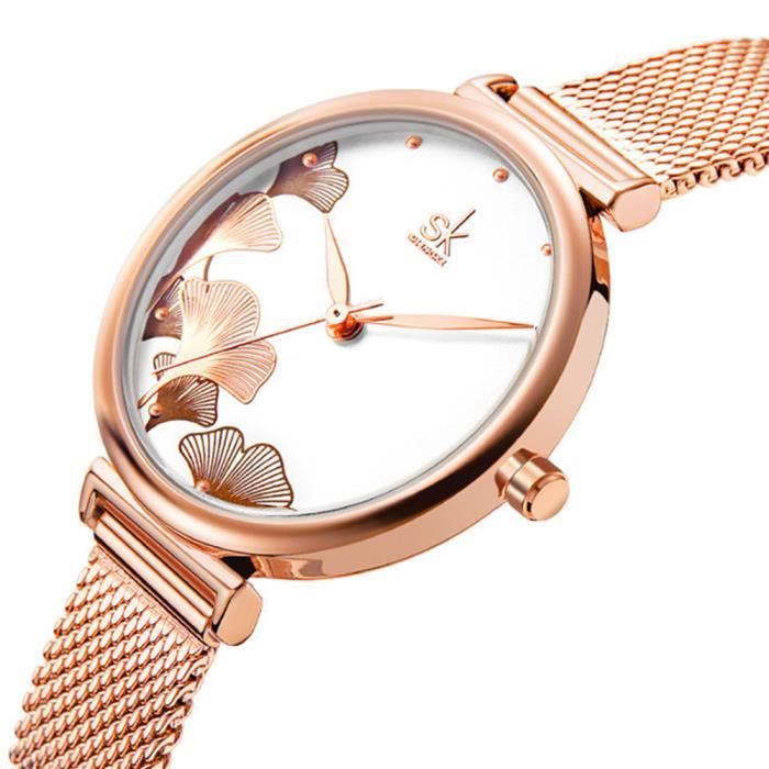 Montre Femmes de marque de Luxe Bracelet quartz étanche blanc magnifique - Motif de feuilles de ginkgo