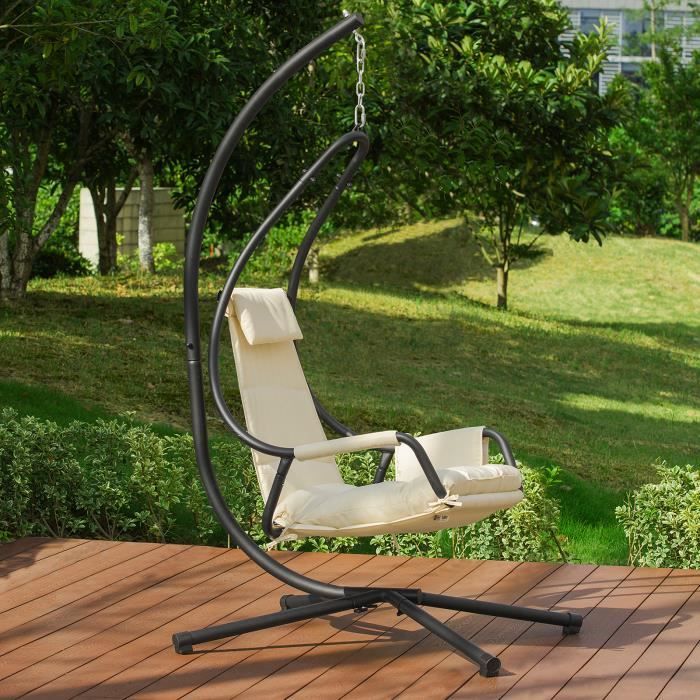 SoBuy OGS54-MI Fauteuil Suspendu de Jardin et Patio Balancelle Hamac avec Support sur Pied Coussin et Pochette Latérale Amovible