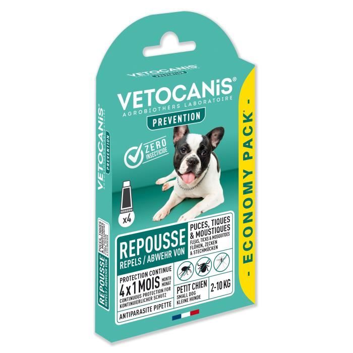 VETOCANIS Pipettes Anti Puces, Tiques, Moustiques, pour Chien de 2 à 10 kg - x4