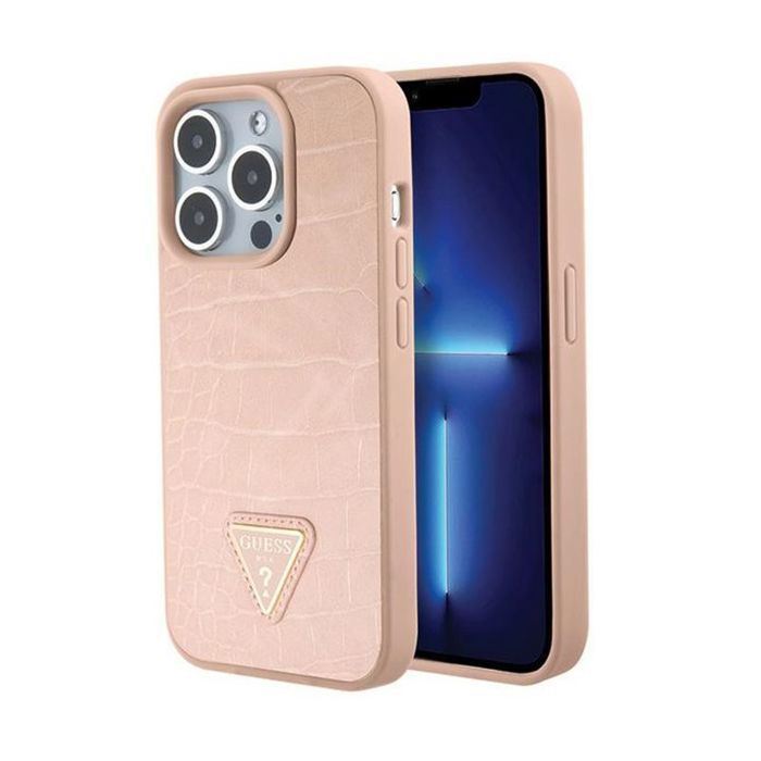 Coque telephone bumper telephone Guess GUHCP15XPCRTHCP Coque pour iPhone15 Pro Max Rigide Croco Triangle Metal Logo