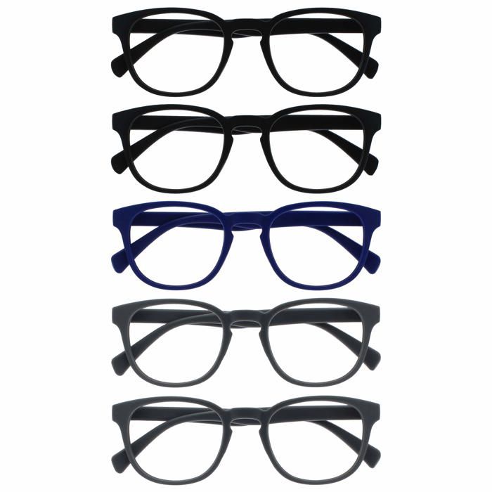 Opulize Lot de 5 lunettes de lecture rétro rondes +200 — noir/bleu/gris mat