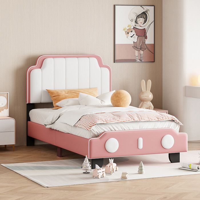 lit enfant - lit capitonné 90x200 cm - simili cuir - avec sommier à lattes - rose (matelas non inclus)