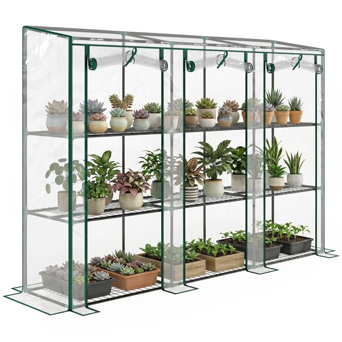 Serre de jardin - Outsunny - étagères métalliques à 3 niveaux - 3 portes enroulables zippées - toit incliné 215x46x151cm transparent