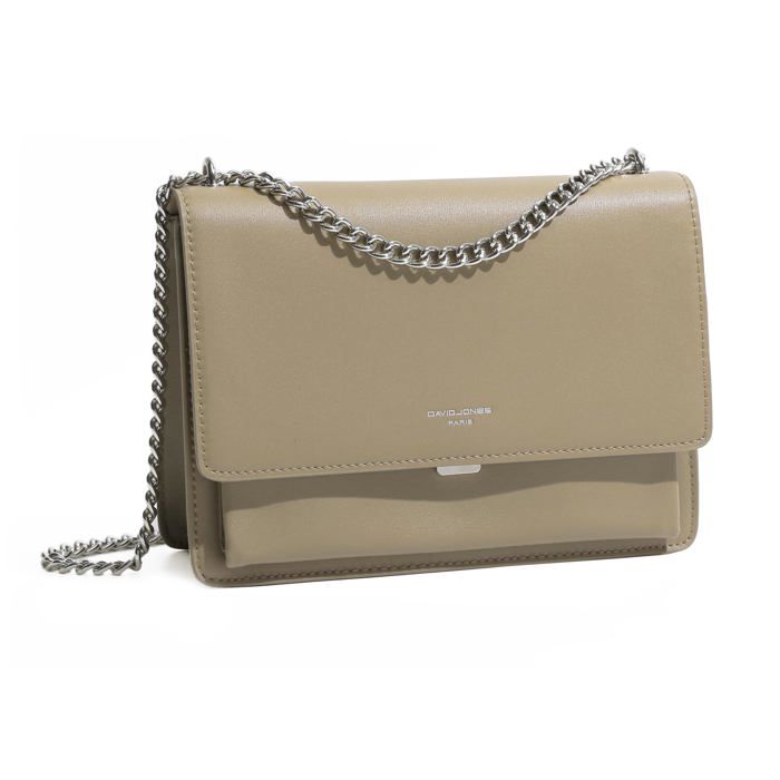 David Jones - Sac Bandoulière Femme - Besace Sacoche Pochette Petit Sac à Main Porté Epaule Simili Cuir Chaînes Mode - Beige