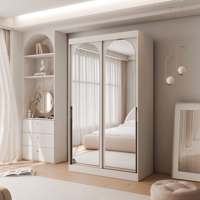Armoire CLARITY - 7 compartiments - avec miroir - 120x65x215 cm - Cachemire / Poignées noires