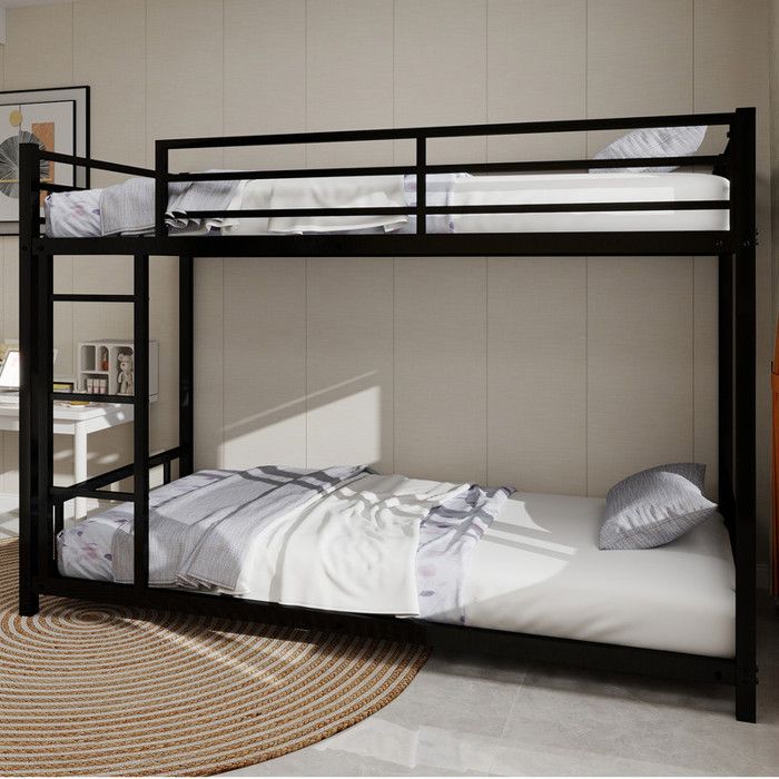 Lit Superposé 90 X 200 cm en Métal avec Deux Lits Simples - Métal Lourd et Stable - Silencieux - Barrière de Sécurité - Noir