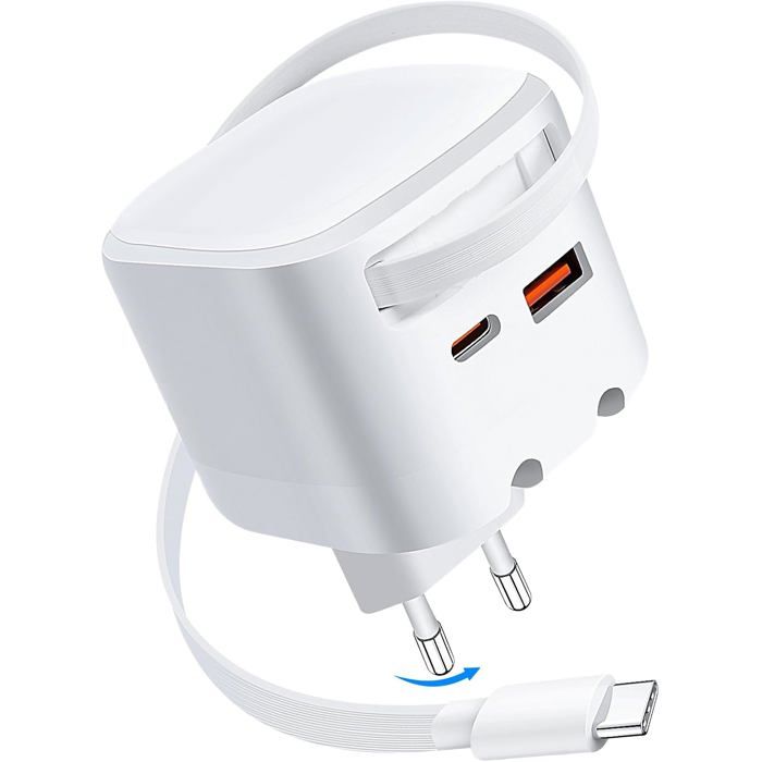Chargeur USB-C 35W GaN Avec Câble Rétractable 105cm | 3 Ports | Compatible IPhone 16, Samsung, MacBook
