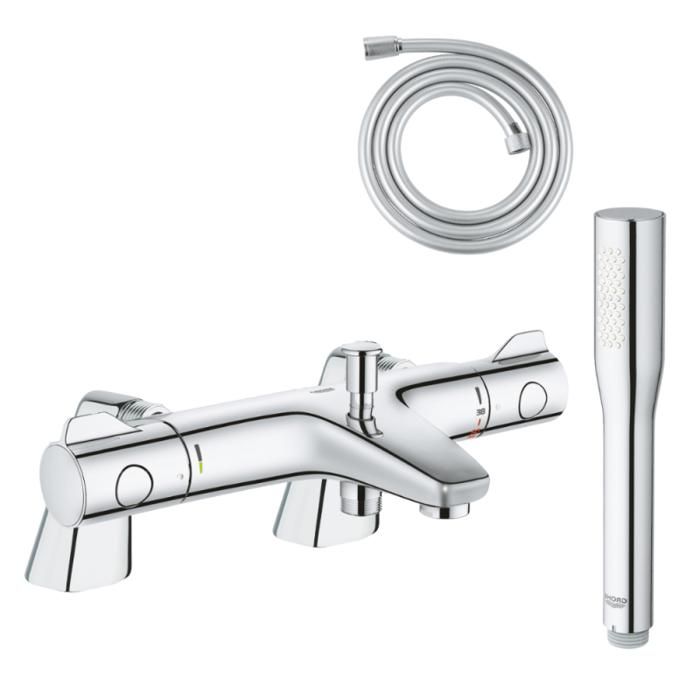 Grohe Pack mitigeur thermostatique BD Trend avec colonnettes + Douchette 1 jet Vitalio Get Stick + Flexible 1750 mm
