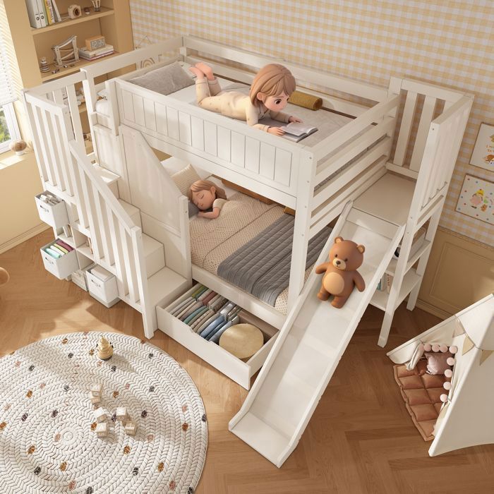 Lit Superposé Enfant 90x200 avec Toboggan - Escalier de rangement et Tiroirs - Certifié EN747-1 - pour Deux Enfants - Blanc