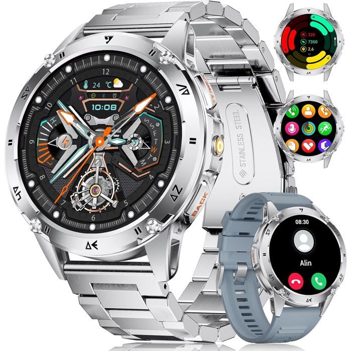 Montre Connectée Homme Pour Android Ios Avec Lampe De Poche Led 1 43 Amoled Smartwatch Appel Bluetooth Rond 530 Mah Argent[YS882]