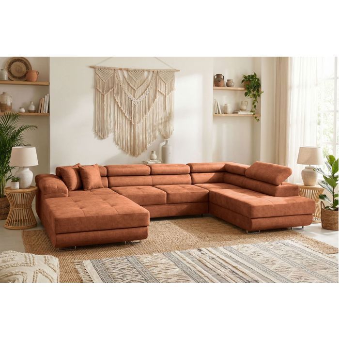 Canapé panoramique 6 places FLAVIO convertible avec 2 coffres en tissu - terracotta Canapé panoramique 6 places FLAVIO convertible avec 2 coffres en tissu - terracotta