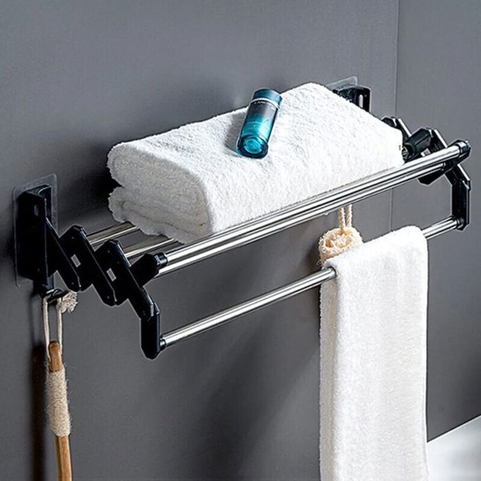 Porte-serviettes rétractable de 50 cm porte-serviettes de salle de bain mural aucun perçage requis pliable avec 2 crochets