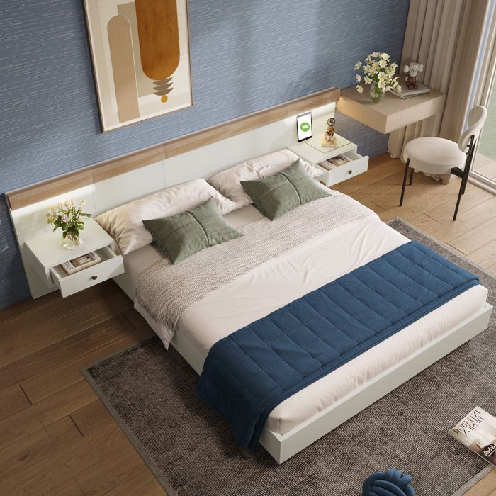 Lit double 140×200 cm avec 2 chevets LED tiroirs sommier à lattes prise USB Type C bois blanc Sans matelas