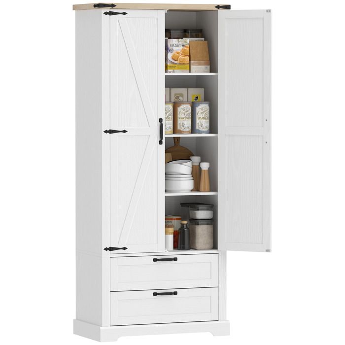 Armoire de cuisine - HOMCOM - 2 portes 2 tiroirs étagères réglables - 76x40x180cm - panneaux de particules - blanc