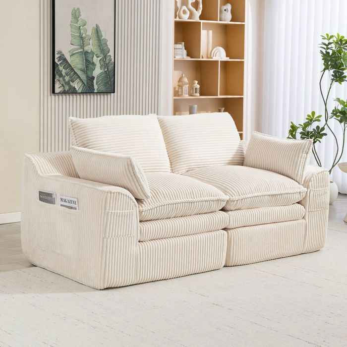 Canapé 2 places beige L 191 x P 94 x H 85 cm velours côtelé poches latérales sans montage