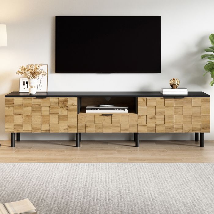 Meuble TV - Motif Mosaïque - 170 x 35 x 44 5 cm - Bois Naturel et Noir - 3 Portes 1 Tiroir et 1 Compartiment Ouvert Meuble TV - Motif Mosaïque - 170 x 35 x 44 5 cm - Bois Naturel et Noir - 3 Portes 1 Tiroir et 1 Compartiment Ouvert