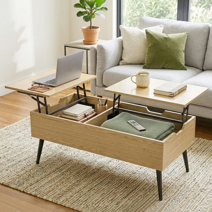 Table basse relevable avec double plateau table de salon avec compartiment caché et pieds en métal bois naturel