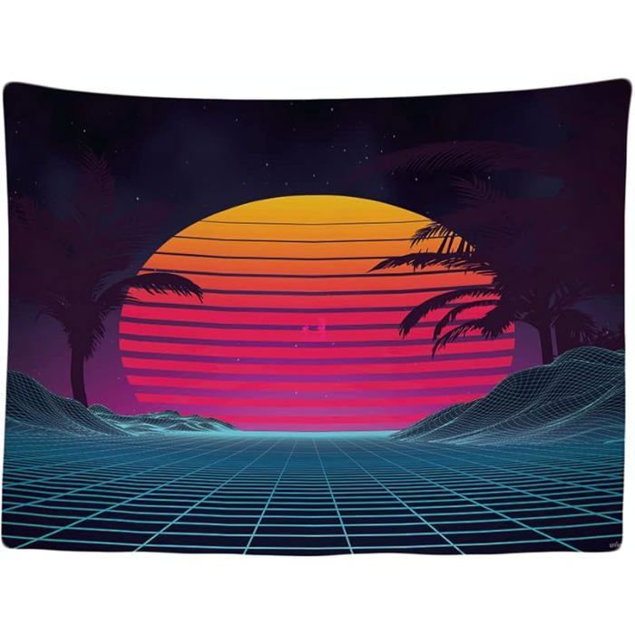 Neon Retro 80s Vintage Palm Tapisserie murale 200x150 cm Grande tapisserie Eighties Années néon rétro multicolore TENTURE