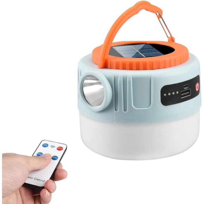 Lanterne camping solaire 6 modes lampe tente LED avec télécommande et batterie externe 1200 mAh pour urgence nuit