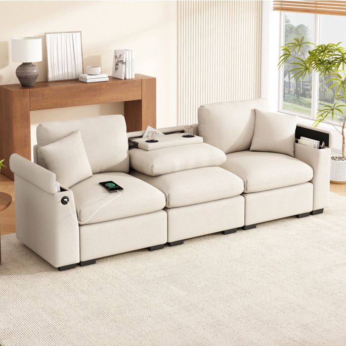 Canapé fixe 3 places multifonctionnel avec porte-gobelets port USB et espace de rangement chenille beige