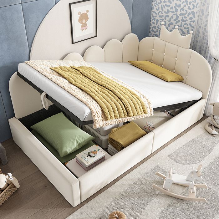 Lit simple rembourré 90 x 190 cm Canapé-lit avec hydraulique rangement Lit enfant avec couronne sommier à lattes velours beige