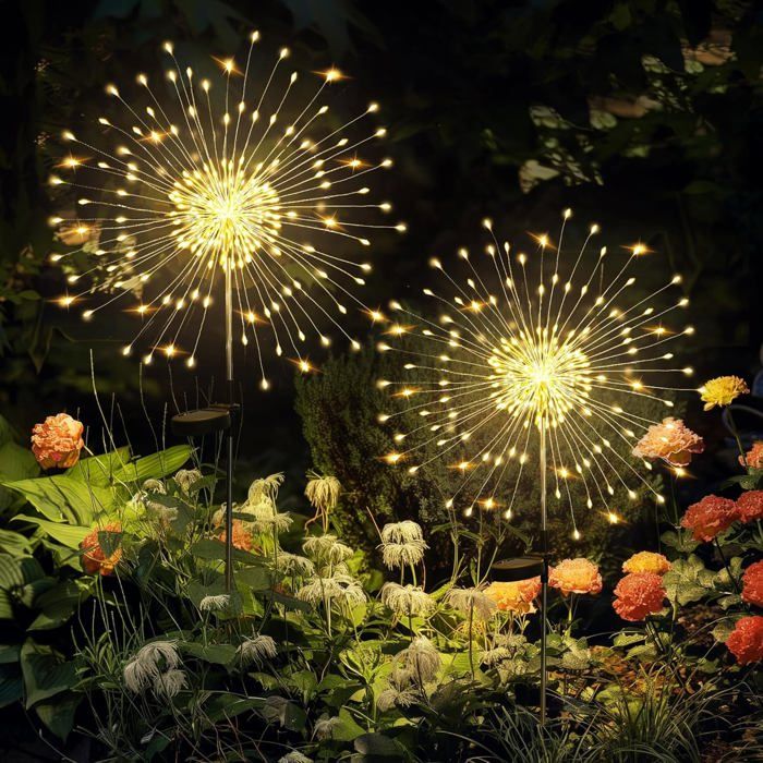 Lot de 2 lampes solaires 150 LED - Blanc chaud - À piquer