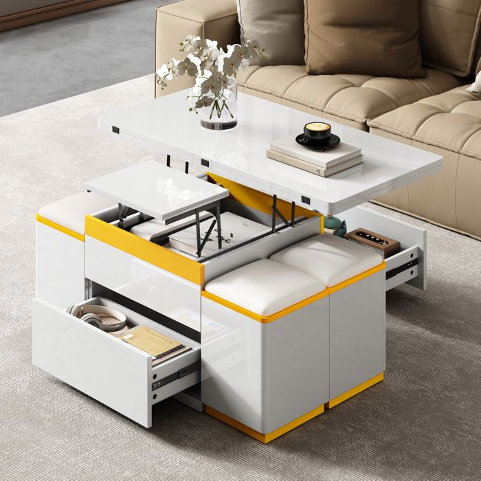 Table basse relevable 100x50x43 cm plateau pliant table repas bureau rangements tiroirs 4 poufs blanc jaune brillant