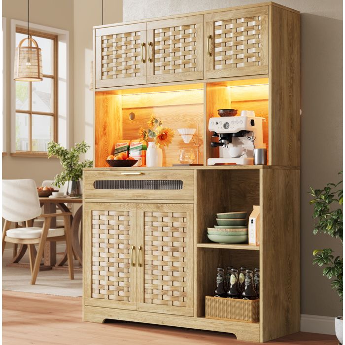 MEULVA Buffet haut vitrine 120 x 40 x 180 cm avec 5 portes 1 tiroir LED USB aspect bois naturel