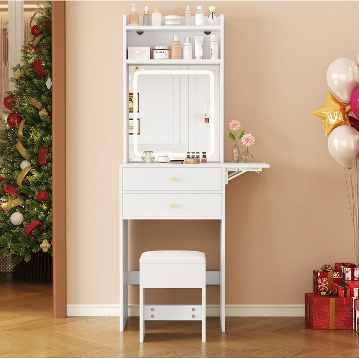ROVRYN Coiffeuse blanche avec miroir LED 2 tiroirs 2 niches tablette rabattable tabouret inclus
