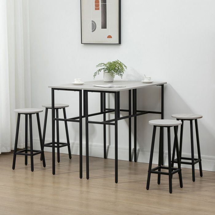 Ensemble bar 6 pièces style industriel avec 2 tables hautes et 4 tabourets effet bois gris et structure acier