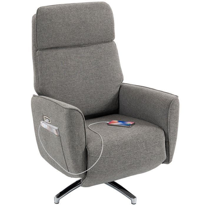 Fauteuil relax électrique - HOMCOM - pivotant 360° - appui-tête réglable - ports USB - tissu en lin - 76 x 87 x 114 cm - gris