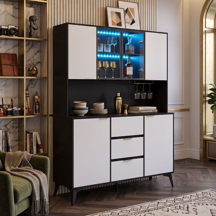 Vaisselier 120x40x160 cm Grand rangement Design soigné en MDF Éclairage LED App 4 Portes 3 Tiroirs - Noir et Blanc