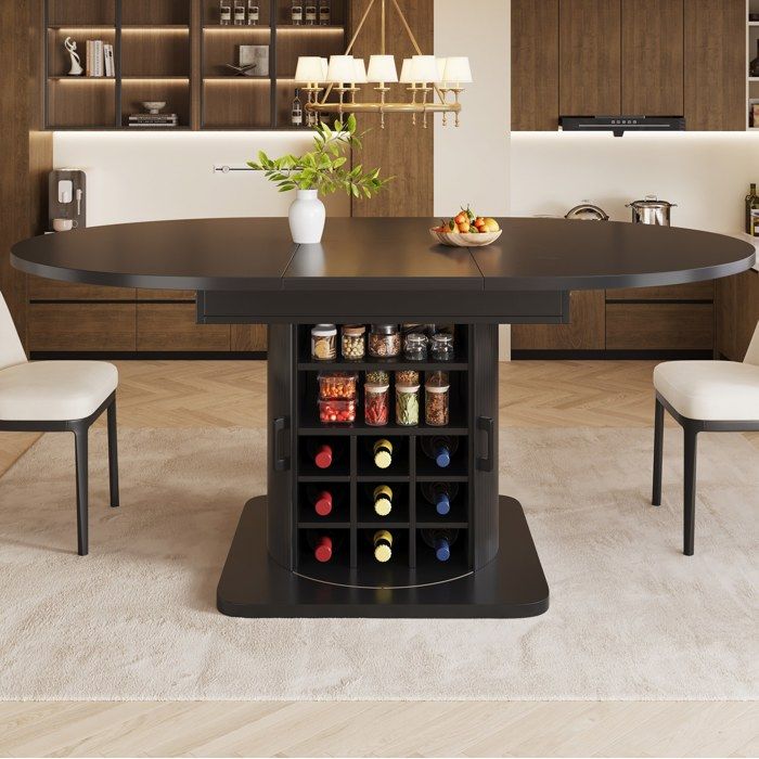 Table à manger extensible avec rangement 118-158 cm plateau MDF noir structure métal porte-verres ORVRYN