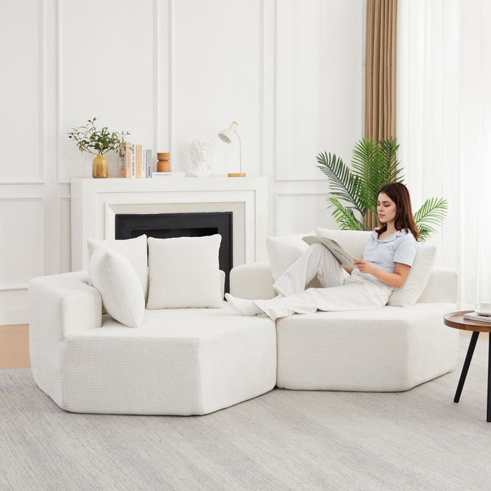 Fauteuil Lounge Modulaire Hexagonal 2 Places avec 3 Coussins Tissu Antiderapant Chenille Bouclee Beige - UVRION