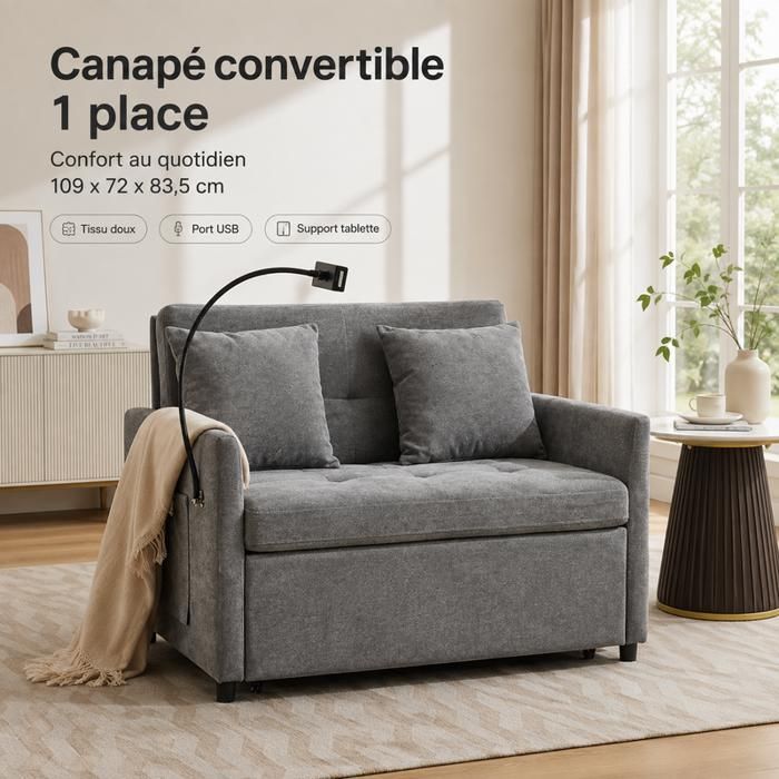 Canapé Convertible 1 Place 109x72cm Gris Lin Fauteuil Lit avec Port USB et Support Tablette Chauffeuse Pliable Gain de Place