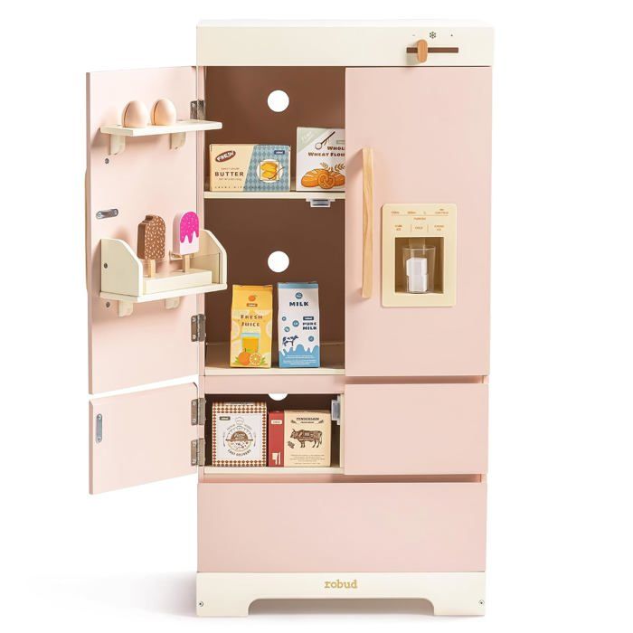 ROBUD Réfrigérateur Enfant en Bois avec Distributeur de Glaçons Accessoires Cuisine Jouet Jeu d’Imitation Dès 3 Ans