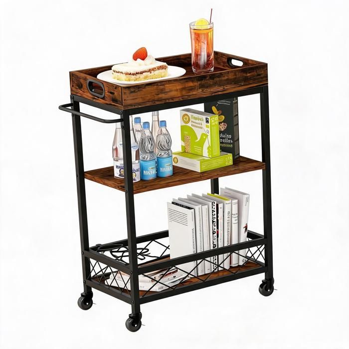 JoyGarden Chariot de service BBQ 3 niveaux sur roulettes desserte roulante avec plateau amovible et porte-bouteilles pour terrasse