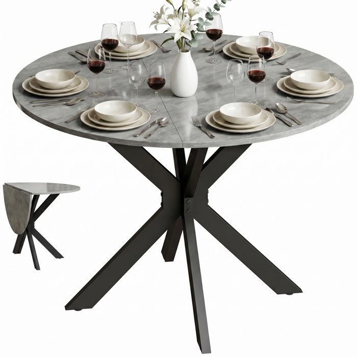 Table à manger pliante - Table de repas ronde - 2 à 6 personnes - Plateau épais - Gris ciment - 110 x 110 x 76 cm - ZENLINKJH