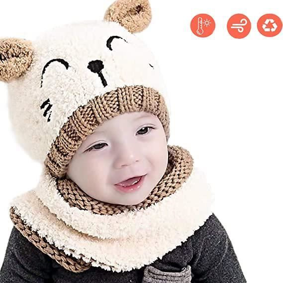 Bébé Fille Garçon Cagoule Mignon Bonnet Écharpe Hiver Chaud Cache-oreilles  Bonnets Tricotés Enfant Double Pompon Cagoule Cagoule pour Ski Snowboard ( Noir) 