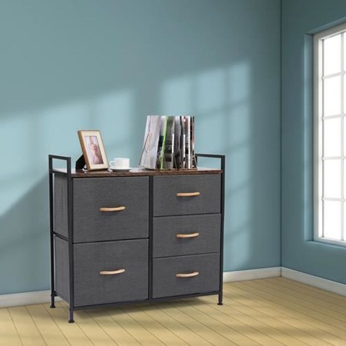 Commode 3 Tiroirs Tissu Pliable KOMFOTTEU – Rangement Gain De Place, Cadre Métal Robuste, Chambre Salon Bureau (Noir, 40×30×62 Cm)