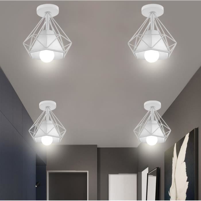 MOGOD 4Pcs Plafonnier Cage en Fer Blanc 20*22cm Lampe forme Diamant design Moderne