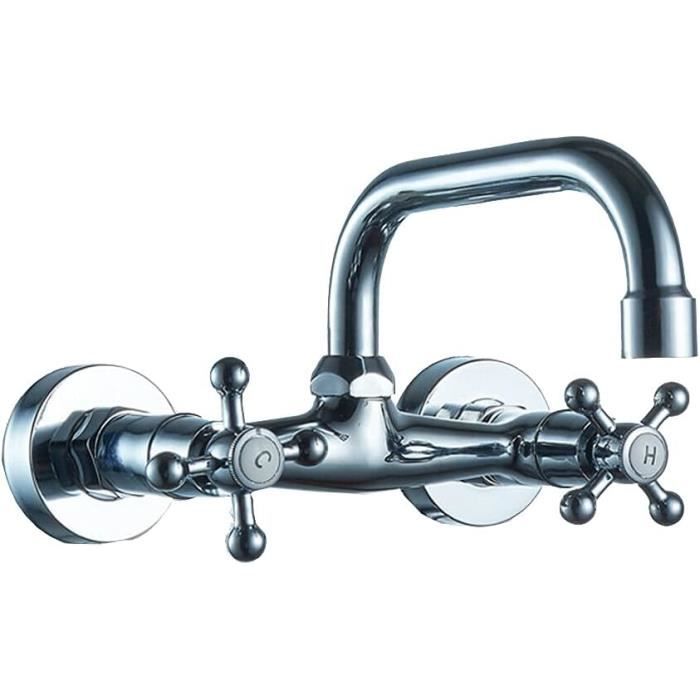 Robinet De Lavabo Murale Doporro – Laiton Chromé Argenté – Mitigeur Monocommande – 19,5cm