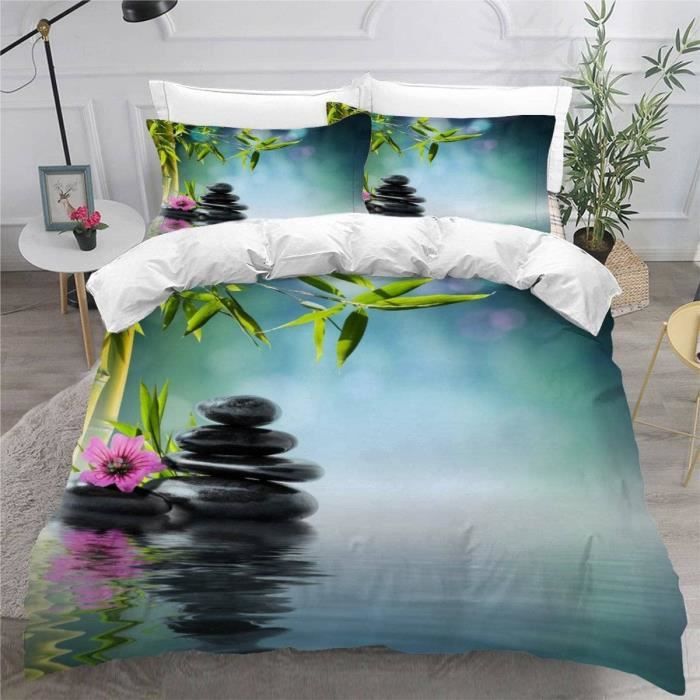 Housse De Couette Adultes 3D Zen Parure de Lit Bambou Pierres Fleurs