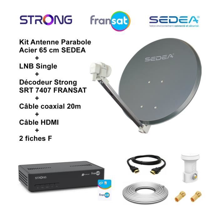 Kit Parabole Acier 65 cm Anthracite + LNB Single Full HD 4K + Décodeur SRT 7407 FRANSAT + Câble coax 20m + Câble HDMI + 2 fiches F