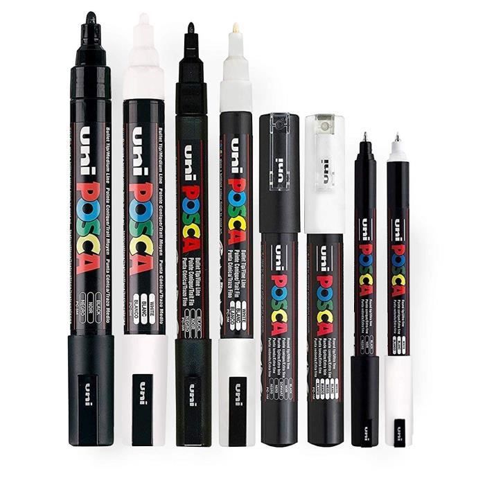 Posca Lot de 8 stylos à pointe fine à moyenne noirs et blancs (PC