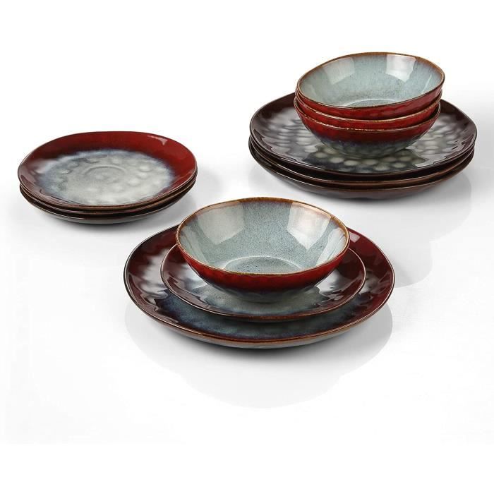 Service de table céramique 12 pièces - VANCASSO - VC-STARRY-R-12 - Style impressionniste - Rouge - Lave-vaisselle