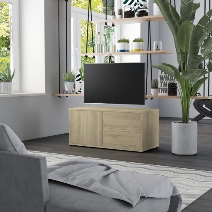 Meuble TV - Chêne sonoma - 80x34x36 cm - 2 tiroirs et 1 compartiment avec porte